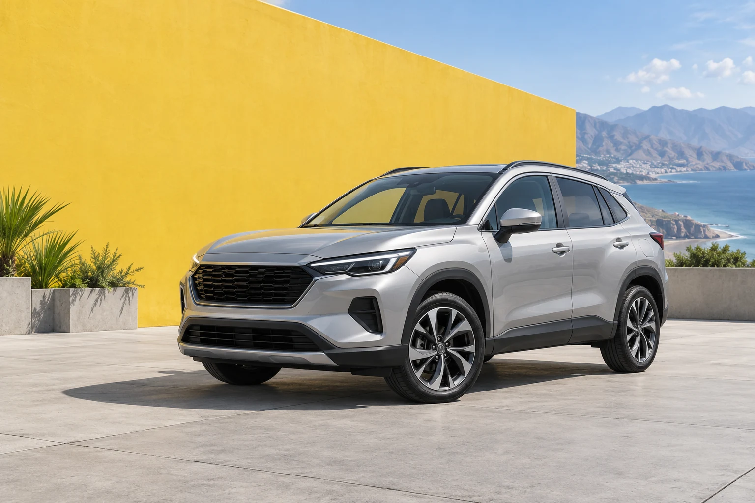 Escena conceptual de una SUV en un escenario amarillo